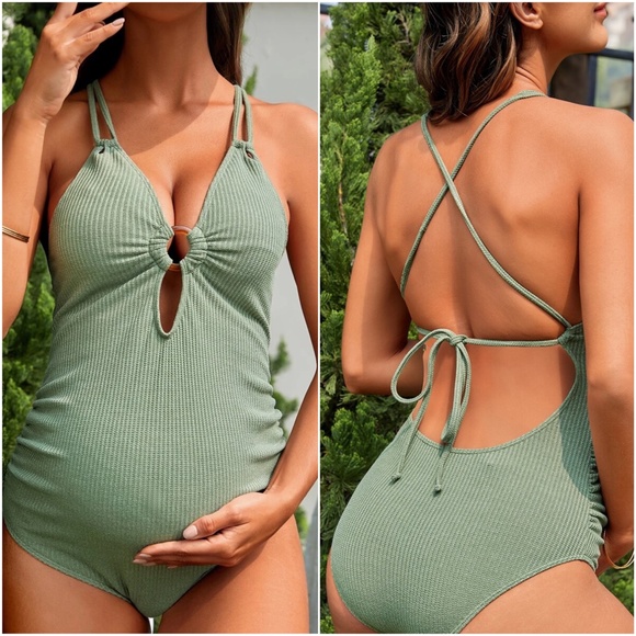 Maternity Ribbed Criss Cross Lace up Monokini One Piece Swim - Picture 2 of 4